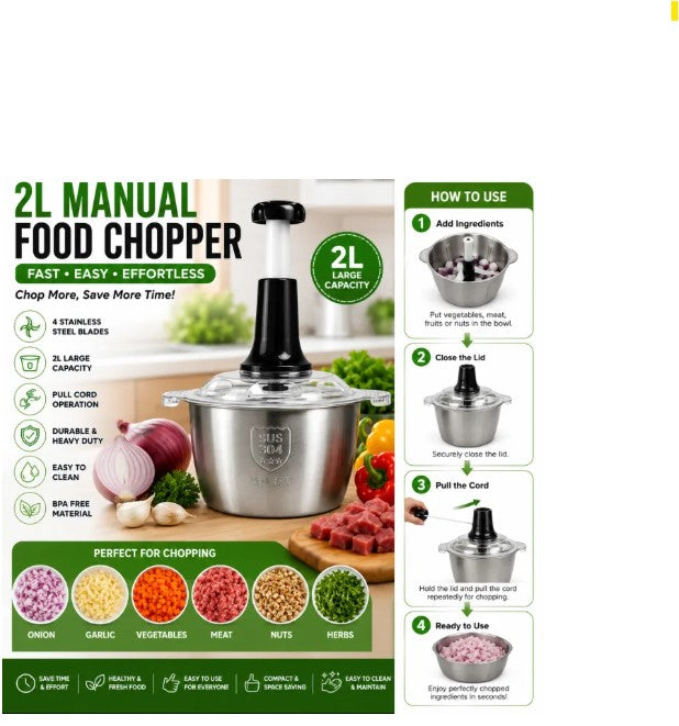 Manual Hand Operated 2000 ML Stainless Steel Chopper